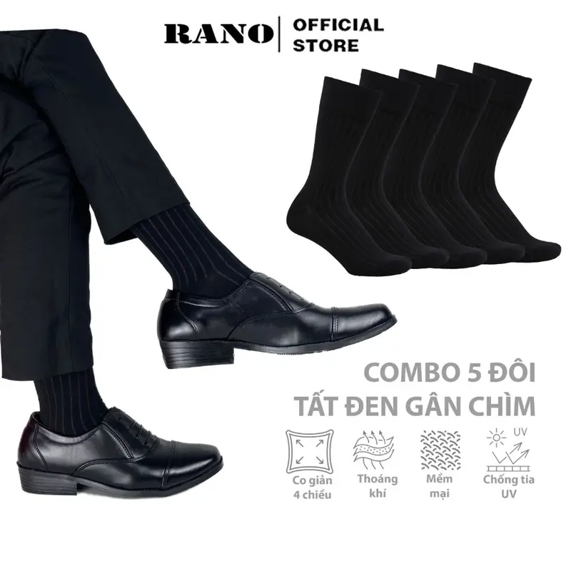 Combo 5 đôi tất vớ nam cổ cao công sở RANO gân chìm chất liệu cotton cao cấp thoáng khí co giãn 4 chiều màu đen Menswear 0