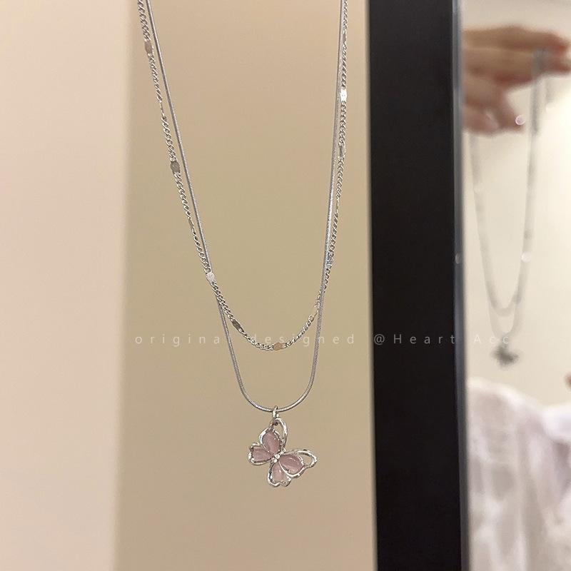 Dây chuyền titan mặt bướm đá thạch anh dâu tây. Thiết kế xương đòn thanh lịch - Phụ kiện nữ thời thượng 2025 4
