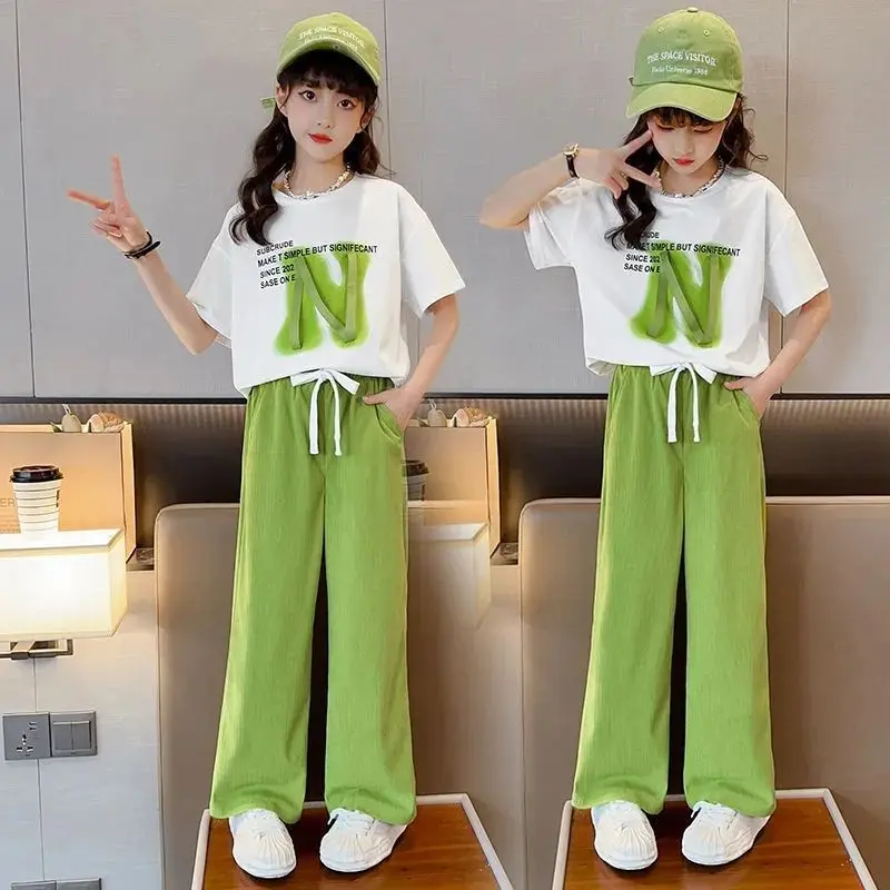 Bộ Đồ Mùa Hè Cho Bé Gái, Thời Trang Trẻ Em Mới, ngắn Tay, Cỡ Trung Bình Và Lớn, Bộ Đồ Hai Mảnh, Phong Cách Thường Ngày Quần Ống Rộng, Bán Chạy Trên Internet, Thời Trang 0