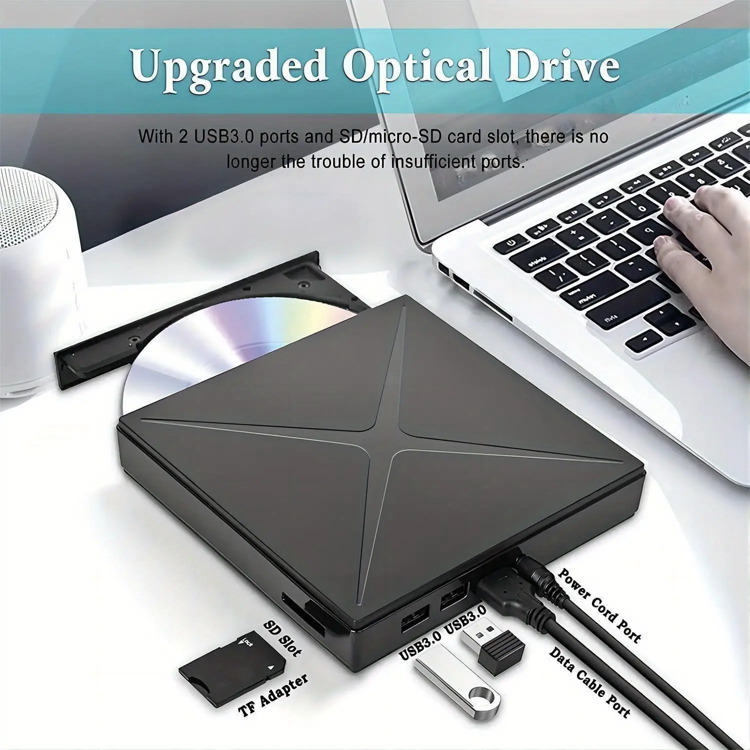 Black External DVD Drive Usb 3.0/Type-C Burnerwith 3 USB Ports And TF/SD Card Slots, Suitable For Laptop/Computer