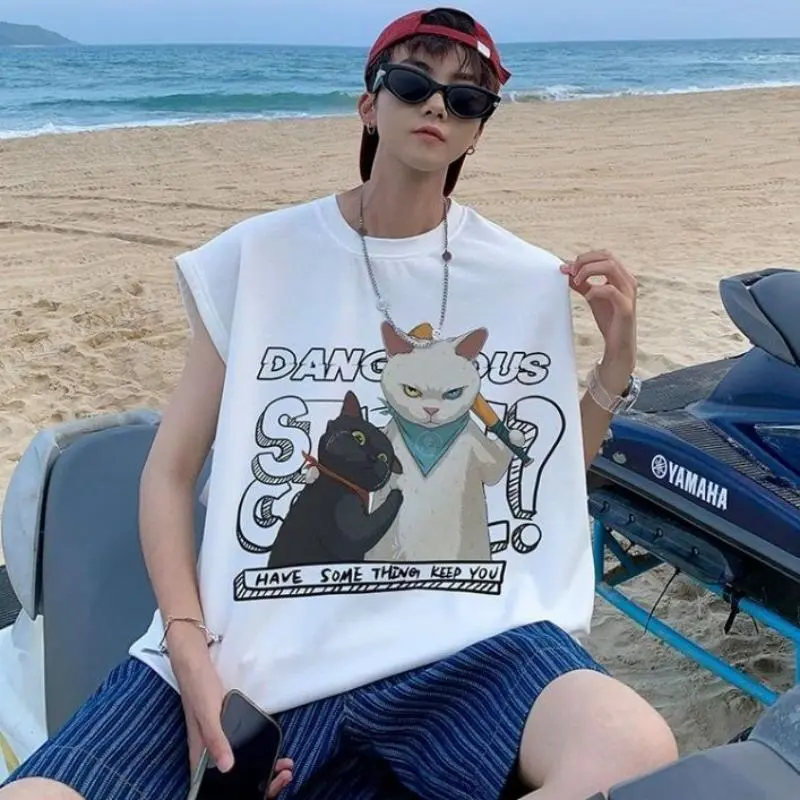 Summer Fashion Casual Print Sleeveless Vest Men Basketball Fitness Sport Sleeveless T Shirt Beach Tank Top VestLoose Cotton Tees