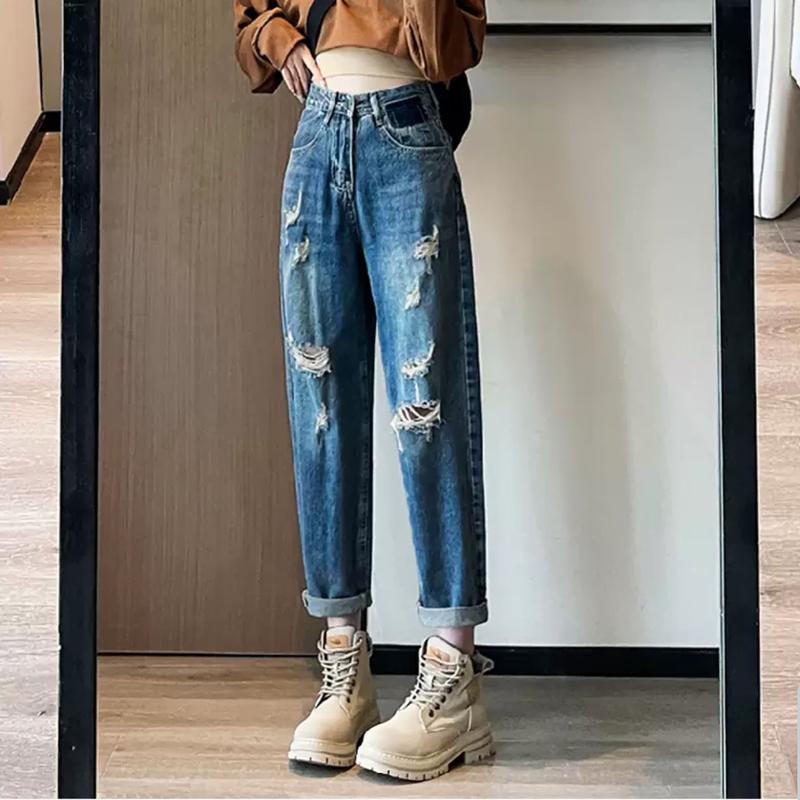 Product Introduction of Quần Jean Baggy Nữ BigSize Lưng Cao Rách bụi, Phong Cách Hàn Quốc, Màu Xanh Đá Đậm Rách 3006 3007 Lưng Chun Denim Pants Women 9