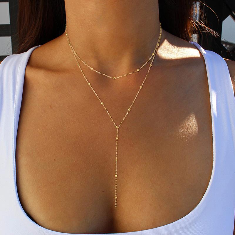 Product Introduction of Europe and America Cross Border Fashion Simple Y-Shaped Necklace All-Matching Graceful Tassel round Beads Multi-Layer Twin Clavicle Chain Chest Necklace Female 7