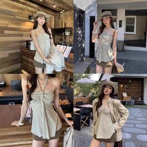 Tank top wanita yang menggoda, blazer musim panas, tank top berjalur seksi dengan belakang terbuka, dan atasan tanpa lengan dengan ikatan leher untuk wanita.