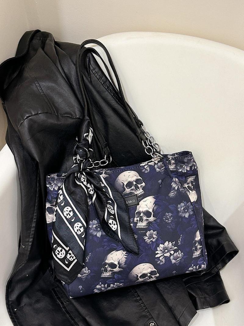 Product Introduction of Women's Punk Style Skull & Floral Pattern Tote Bag, Fashionable Shoulder Bag for Daily Life, Casual Trendy Versatile Goth Commuting Bag 0