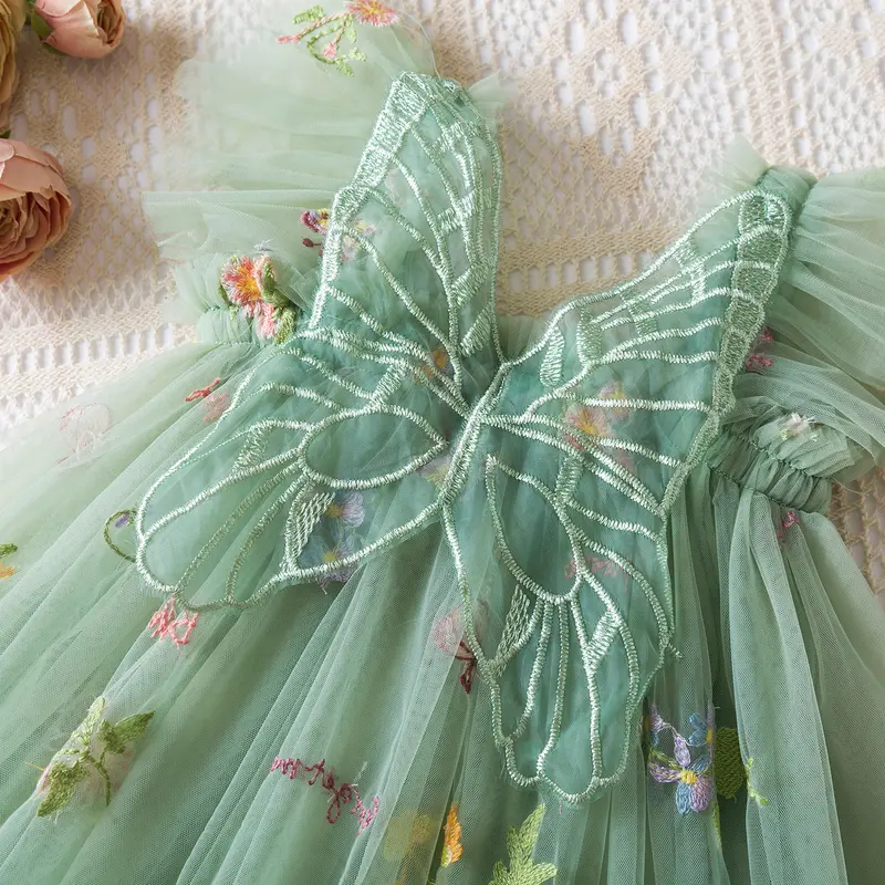 Butterfly Dress for Kids Girls 1-5 Years Ruffles Sweet Summer Mesh Dress Flower Embroidery Birthday Party Princess Dresses with Butterfly 3