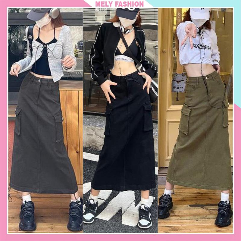 Chân váy kaki túi hộp dáng dài midi y2k phong cách ulzzang vintage dây rút xẻ sau cá tính trẻ trung đen ghi xám nữ Mely Fashion CV62 Women Màu Đen