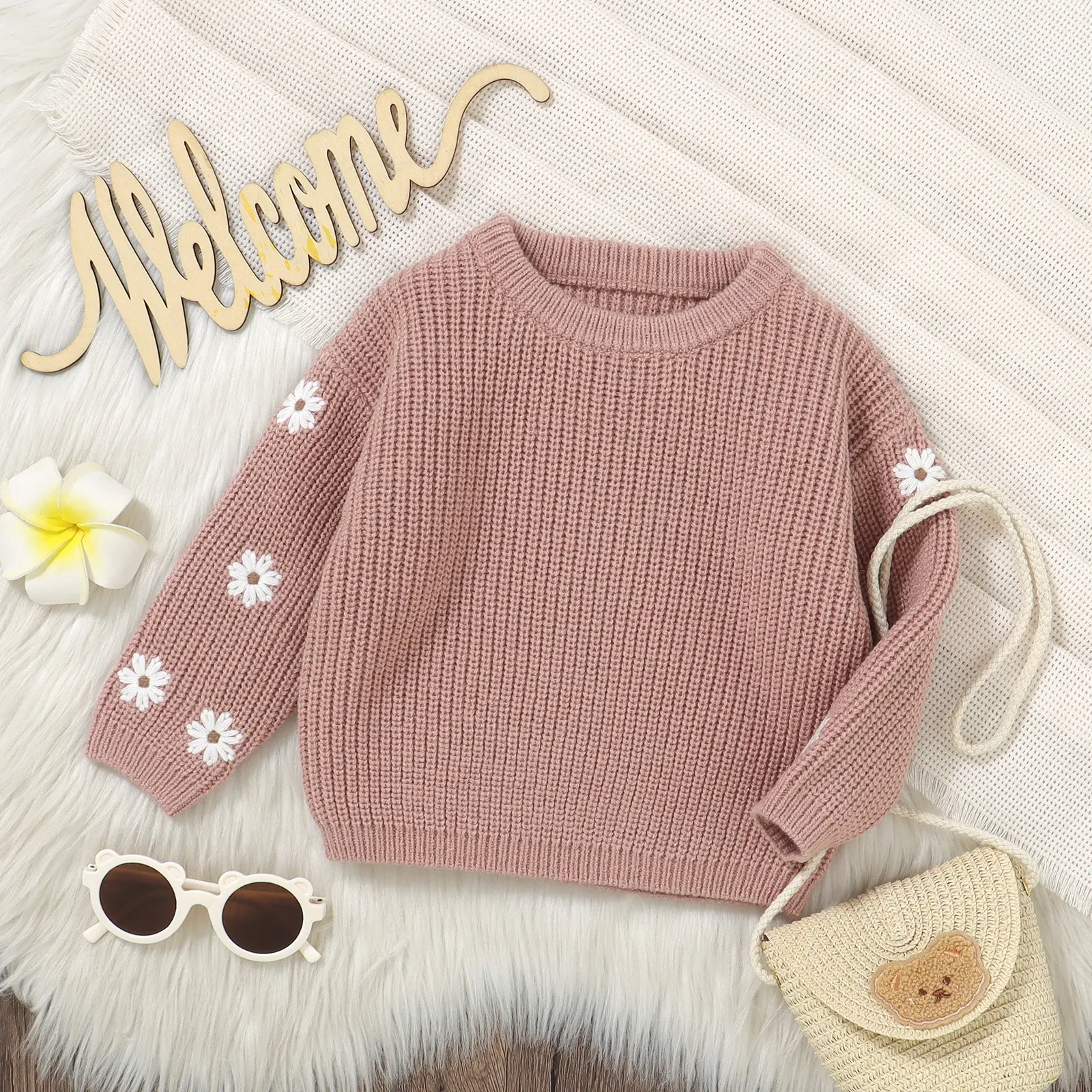 Newborn Girl Sweater Casual Floral Embroidery Warm Knitted Long Sleeves Pullover Infant Knitwear for Toddler