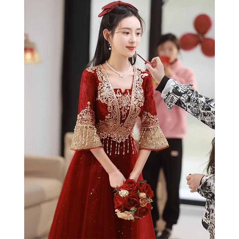 Váy Bánh Mì Nướng Đám Cưới Màu Đỏ Rượu Vang Váy Dài Thường Ngày Cho Cô Dâu Thích Hợp Cho Các Buổi Lễ Và Tiệc Lễ Phong Cách Trung Quốc