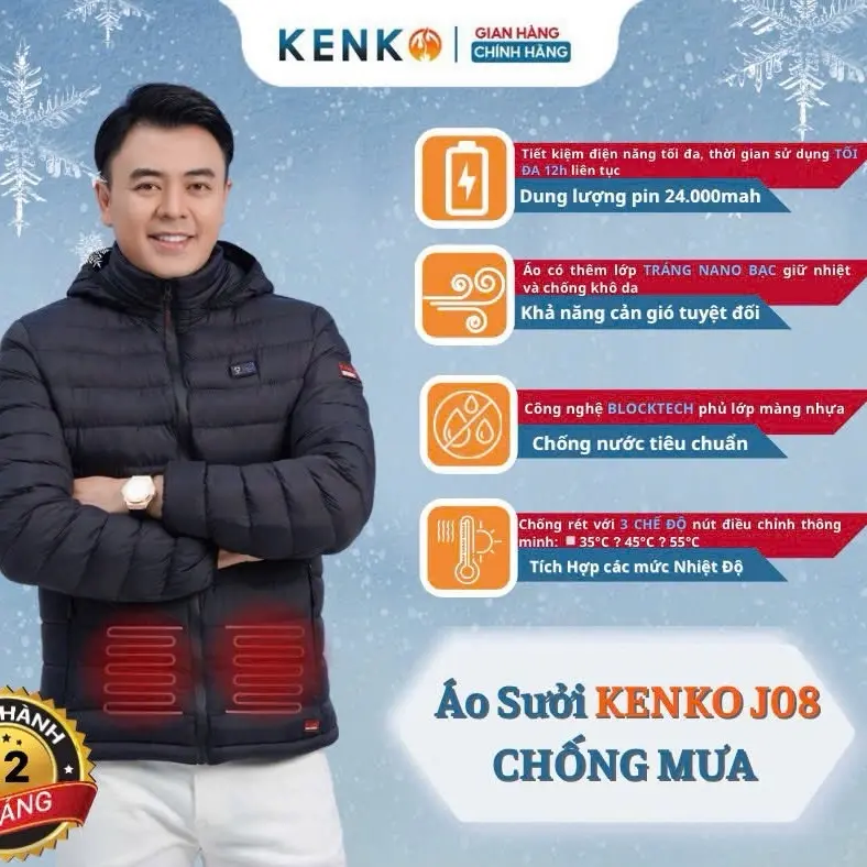 (Hàng chính hãng) Áo sưởi ấm KENKO J08 7 vùng nhiệt, pin 24000mah, sd từ 6-12h. Bảo hành 12 tháng
