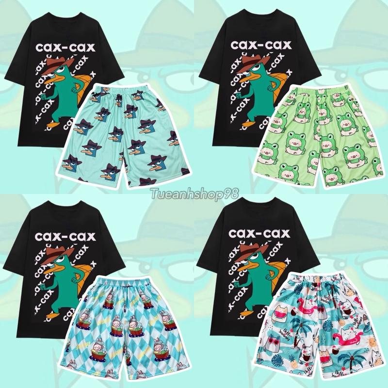Set Bộ Đùi Thú Mỏ Vịt Pery bộ mặc nhà - Áo thun phom rộng phối Quần Short Cartoon Unisex - Set Đồ Bộ Nữ hoạt hình cute dễ thương TUEANHSHOP