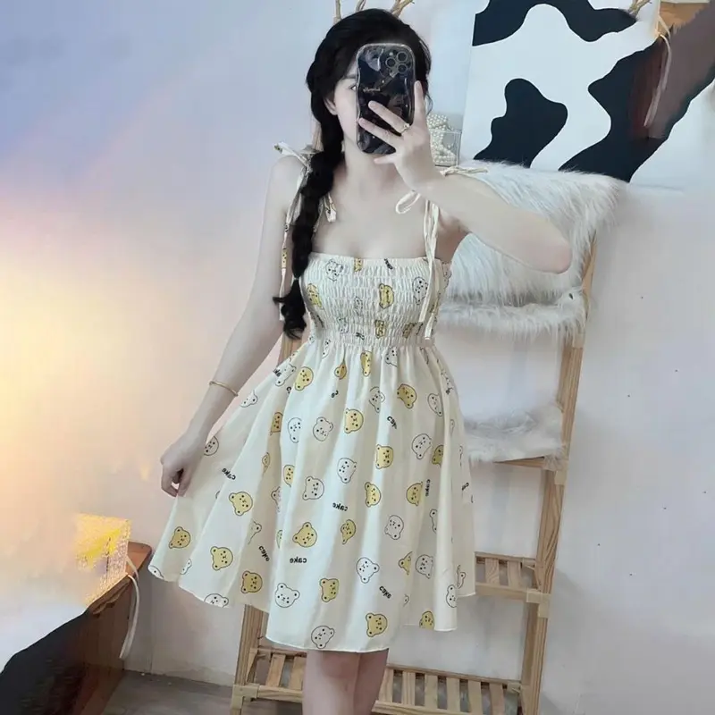 Đầm 2 Dây Nhún Chỉ In Họa Tiết Trái Tim, Pᶖg, Chấm Bi & Kem Gấu - Thời Trang Nữ Màu Hồng Chất Liệu Kate Thoáng Mát, Dễ Dàng Kết Hợp - Set Bộ Thời Trang Đáng Yêu Cho Mùa Hè 2
