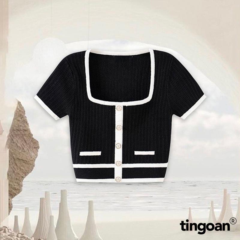 TINGOAN - Áo croptop đen nm cổ vuông fg viền áo kẻ trắng DARA TOP BL