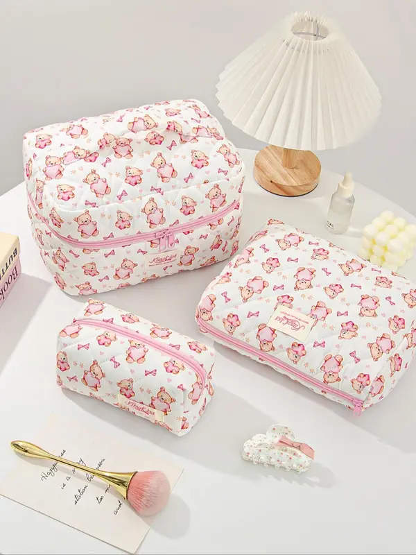 Cute Bear Pattern Makeup Bag Set, Large Travel Makeup Bag, Cosmetic Bag, Toiletry Bag for Women & Girls 2