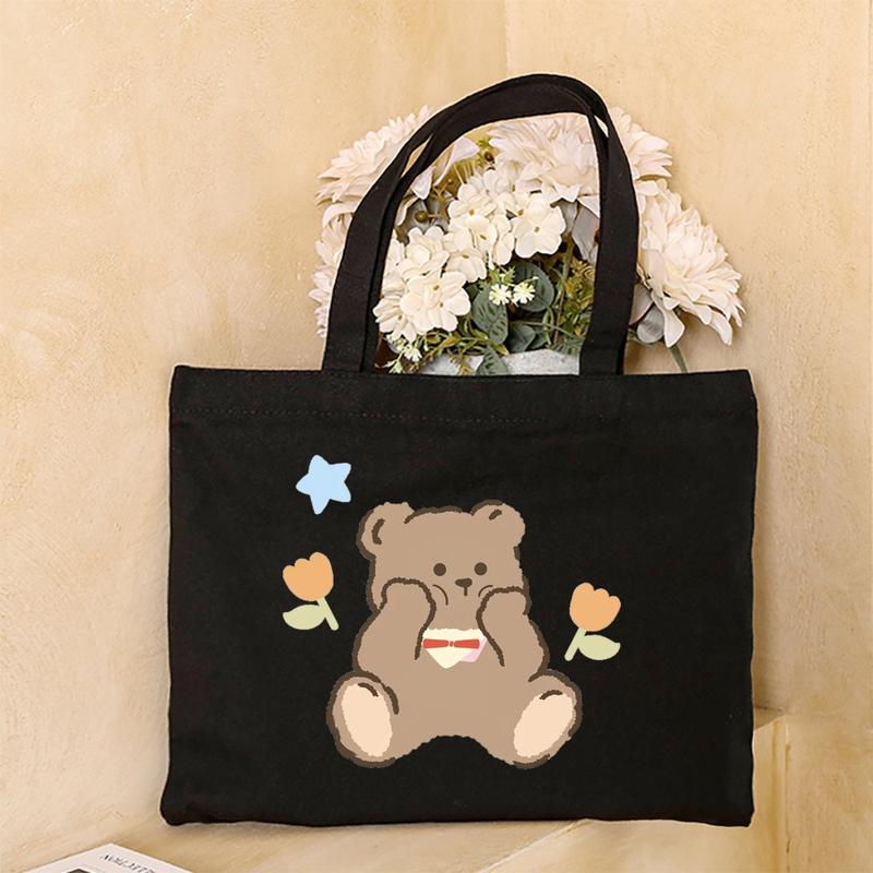 Product Introduction of Cute Cartoon Teddy Bear Printed Canvas Horizontal Handbag Fashionable Versatile One Shoulder Storage Bag 35
