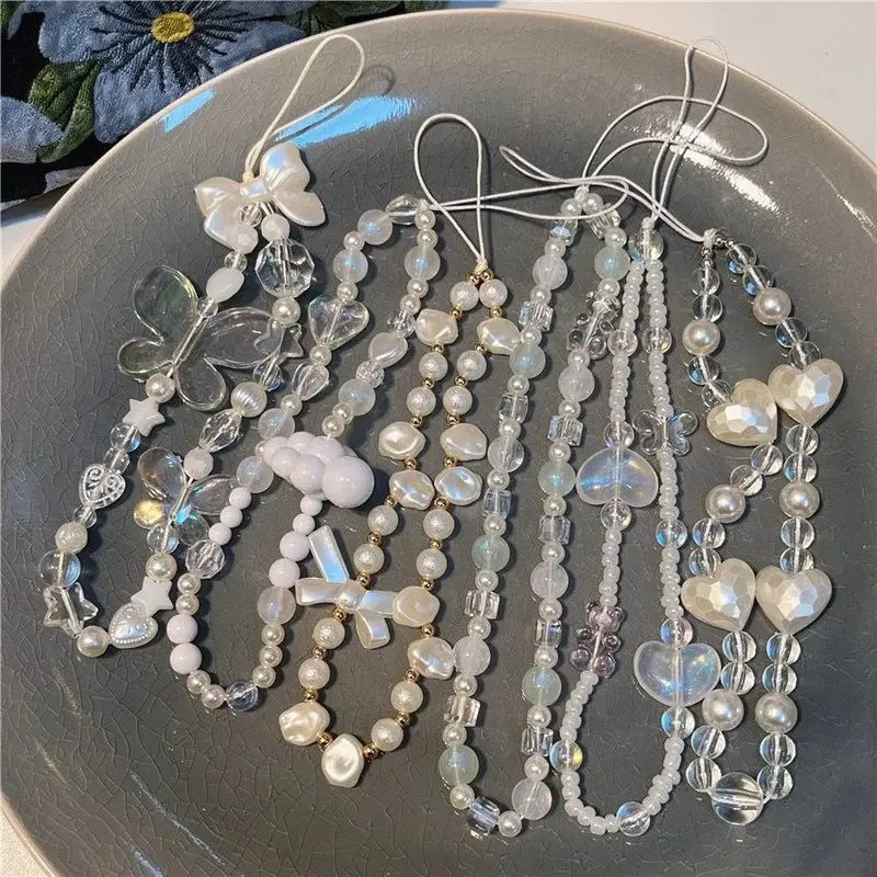 Colourfull Lanyard Strap Accessories Korean Style Hot New Spring Flower Pink Tulip Mobile Phone Case Chain Anti-Lost Soft Pottery Lanyard Pearl Acrylic Bead Colorful Portable Wrist Strap Rope Pendant y2k bracelets 2
