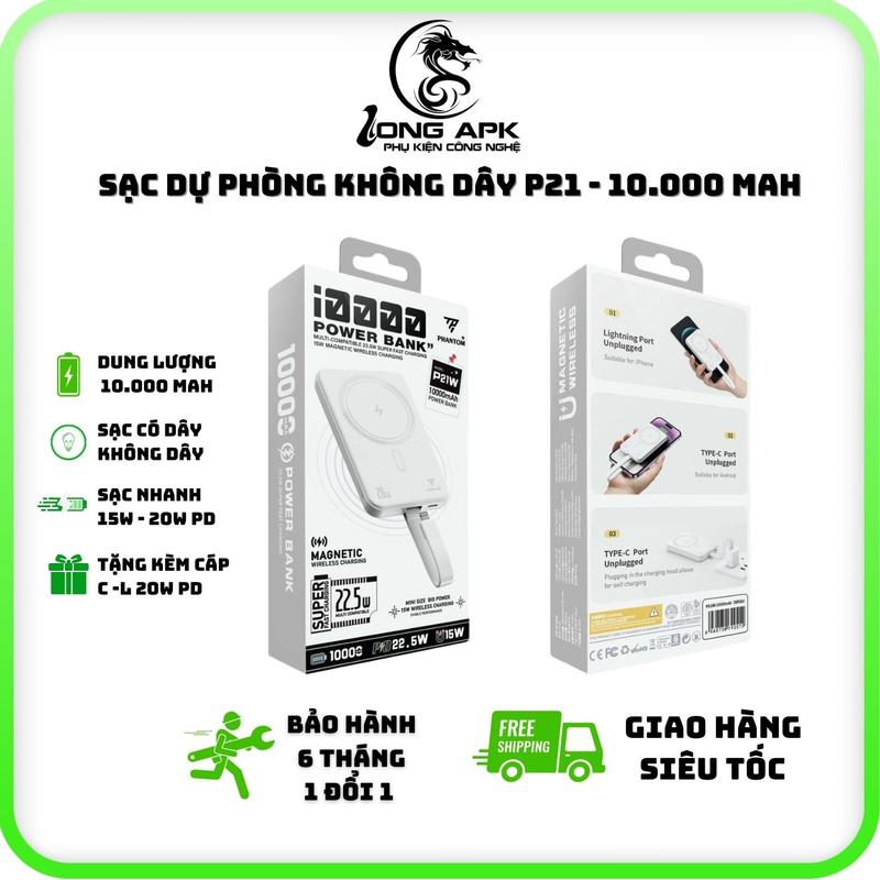 Pin sạc dự phòng không dây P21 phantom 10.000 mah ( TẶNG KÈM DÂY C - L 20W PD ) sạc nhanh Sạc Pin