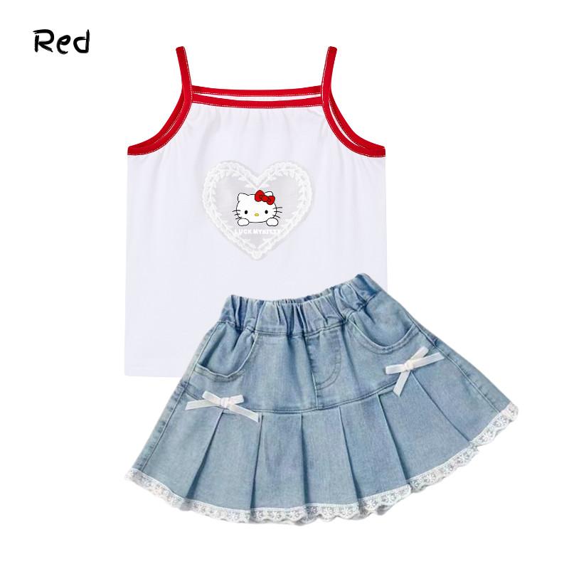 Girls Sets Kuromi Cute Lace Cartoon Slings Contrasting Color Tank Tops Sweet Bow Fashion Denim Skirts with Inner Shorts Kids Cool 2pcs 4