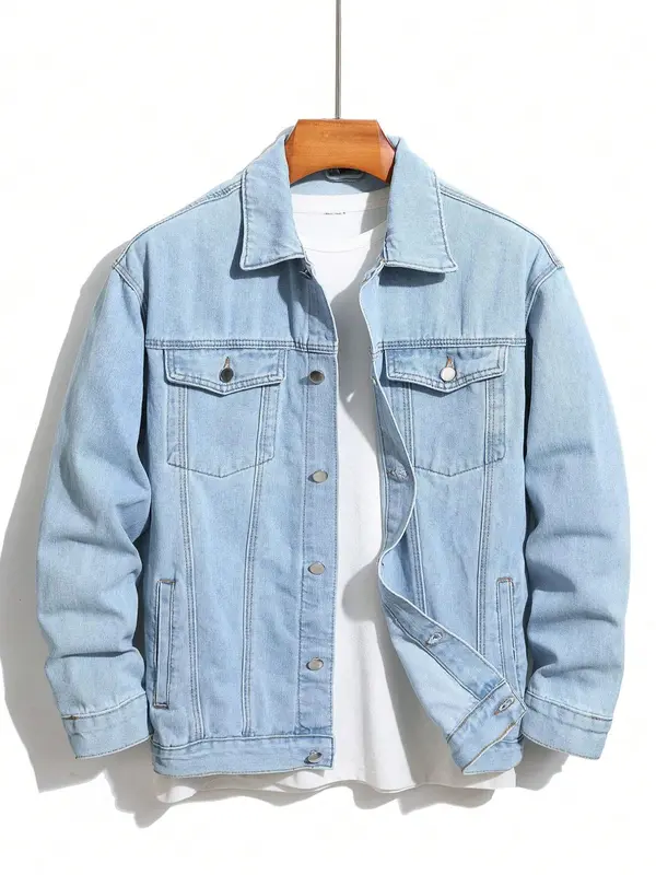 Men's Solid Color Denim Jacket, Loose Casual Fashion Comfy Long Sleeve Outerwear for Daily Wear, Men's Clothes for All Seasons, Coats, Cotton 0