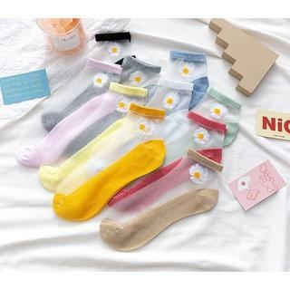 Woomy KK211 Kaos Kaki Wanita Pendek Semata Kaki Motif Bunga Daisy Transparan Socks Korean Fashion Bahan Nylon Nyaman Panjang Tipis Ankle 1