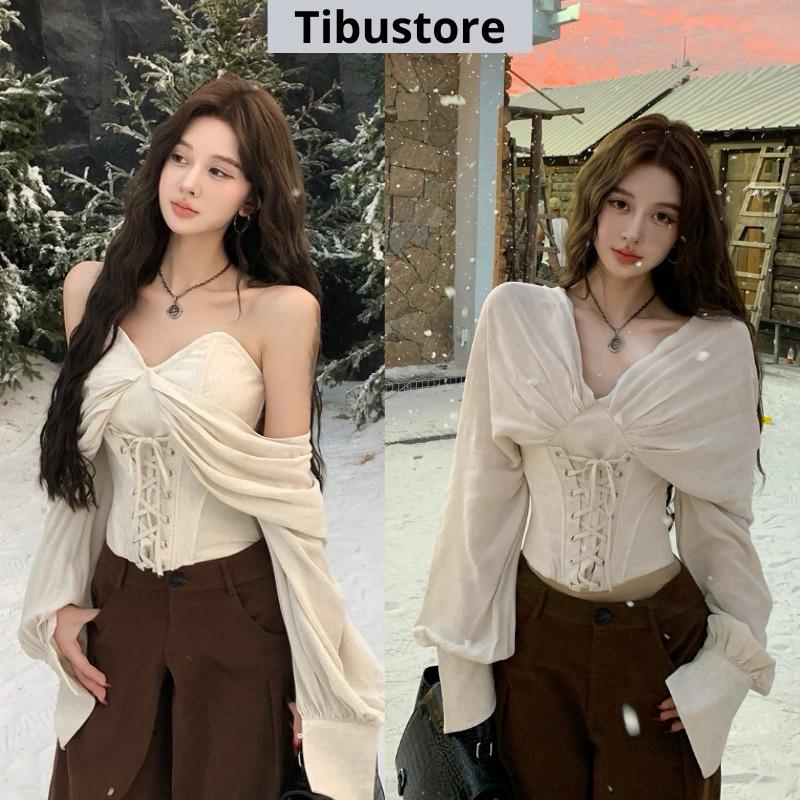 Áo Trễ Vai Tay Dài Cúp Ngực Mặc Được Hai Kiểu TIBU Áo Corset Nữ Tay Bồng Tiểu Thư Sang Chảnh Tết Noel A233