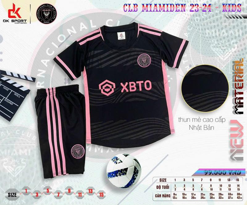 Bộ áo quần đá bóng Inter Miami đen- trẻ em- vải mè Nhật (có in TÊN + SỐ theo yêu cầu)
