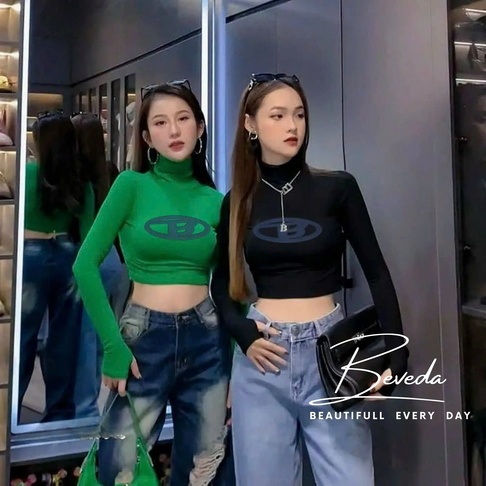 Áo Cổ Lọ Tay Dài Trơn (Không Xỏ Ngón) Croptop Ôm Body In Chữ  Beveda Nữ Thun Women Voi Ong Cổ Tròn Đen