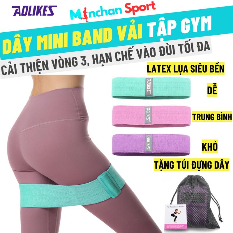 Dây Miniband Vải Cao Cấp Aolikes Điều Chỉnh Độ Kháng Lực Tập Chân, Vòng 3, Set 3 dây Mini Band Tập Gym Tặng Kèm Túi Rút Cao Su Dây Kháng Lực
