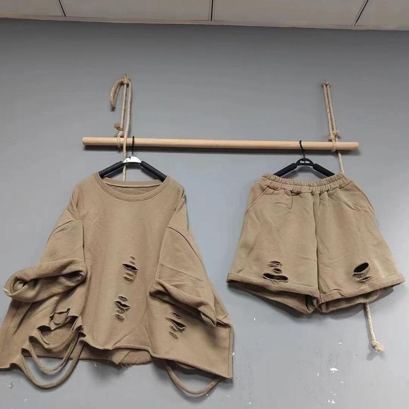 Bộ Đồ Hai Mảnh Thường Ngày Hàng Châu Âu, Áo Hoodie ngắn Tay, Quần Đùi Ống Rộng, Siêu Rộng, Thích Hợp Cho Mùa Xuân Và Mùa Hè, Phong Cách Ăn Xin, Ngoại Cỡ Dành Cho Nữ 0