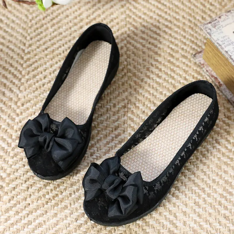 Giày Vải Bắc Kinh Cũ, Phong Cách Mùa Hè, Giày Đi Làm Đế Bằng Cho Nữ, Dễ Phối Đồ Với Thiết Kế Nơ Và Ren Khoét Lỗ, Chất Liệu Lưới, Thích Hợp Cho Bà Bầu, Gommino 3