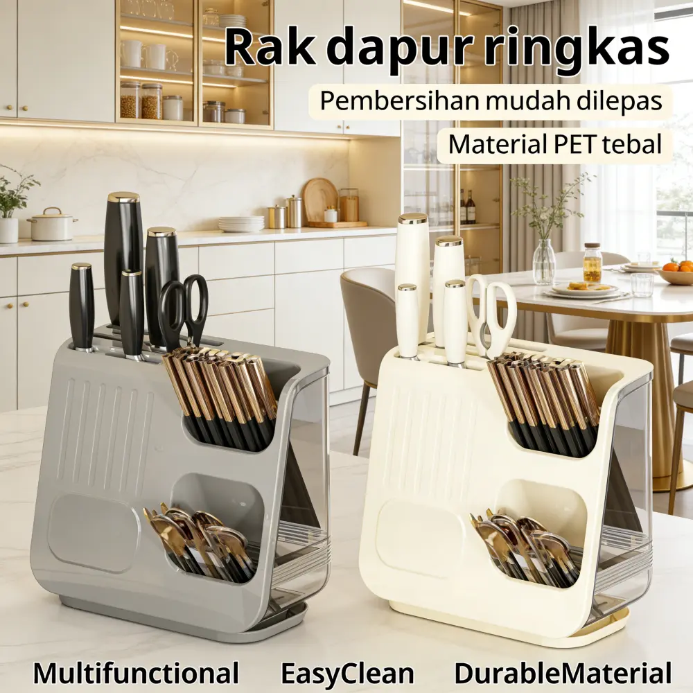 Tempat Pisau Dapur Multifungsi Model XYZ, Kotak Penyimpanan Sendok Garpu Rak Sumpit Terintegrasi, Organizer Peralatan Makan Dapur Rumah, Praktis dan Tahan Lama, Panjang 30cm x Lebar 20cm x Tinggi 15cm