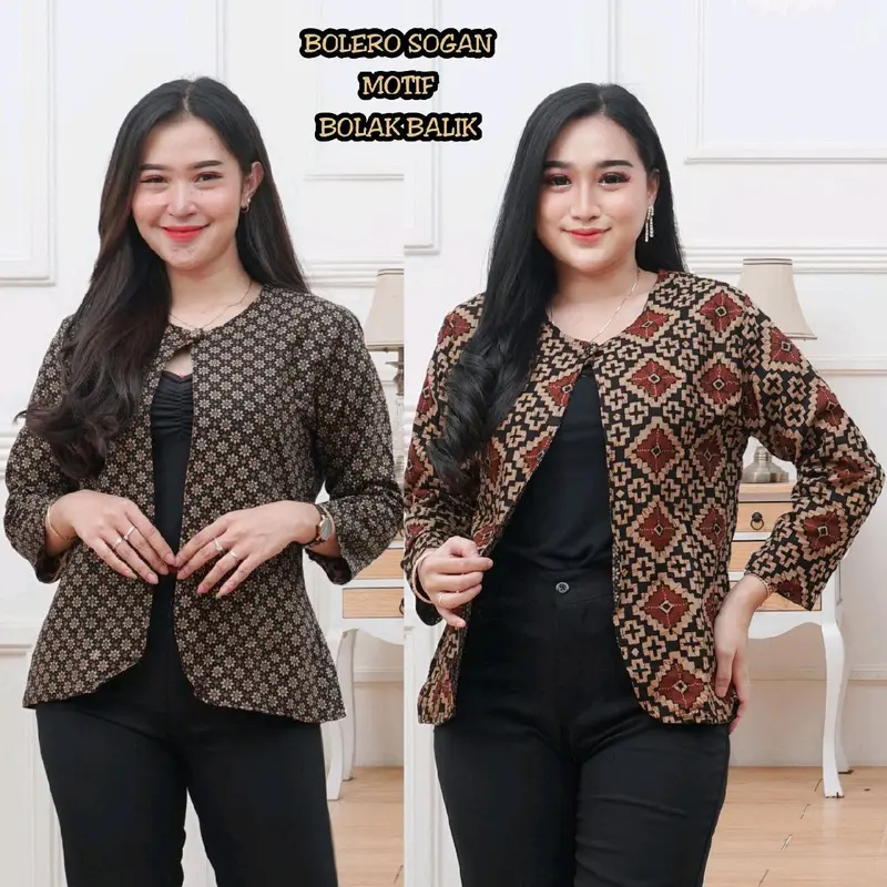 Outer Wanita Blezer Kerja Batik Bolak Balik 2 Motif 2 in 1 Real Pict Kancing Blazer Atasan Hitam Casual Kotak Panjang Baju 7