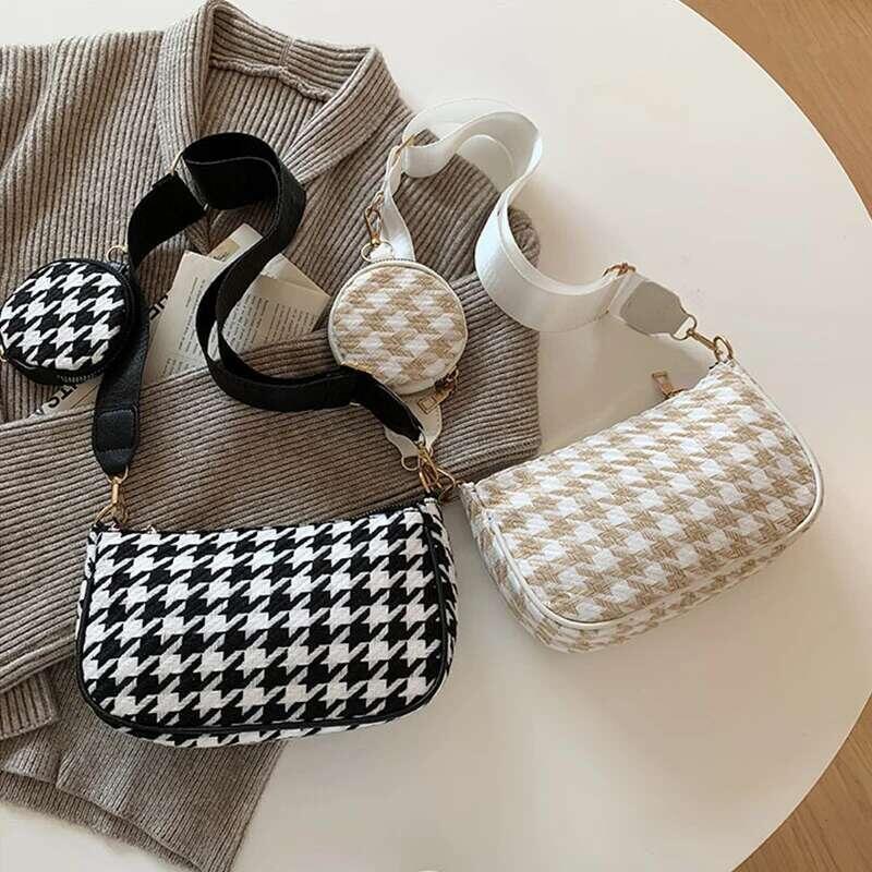 Product Introduction of Female Vintage Plaid Printing Shoulder with Mini Round Purse Pendant Women Casual Small Crossbody Bags 2pcs Composite 0