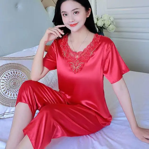 Bộ Đồ Ngủ ngắn Tay Lụa Lạnh Mùa Hè, Trang Phục Dáng Rộng Bằng Lụa, Bộ Hai Mảnh Quý Phái, Quần Cropped Xén, Cỡ Lớn, Thích Hợp Mặc Nhà, Cho Nữ, Mùa Hè