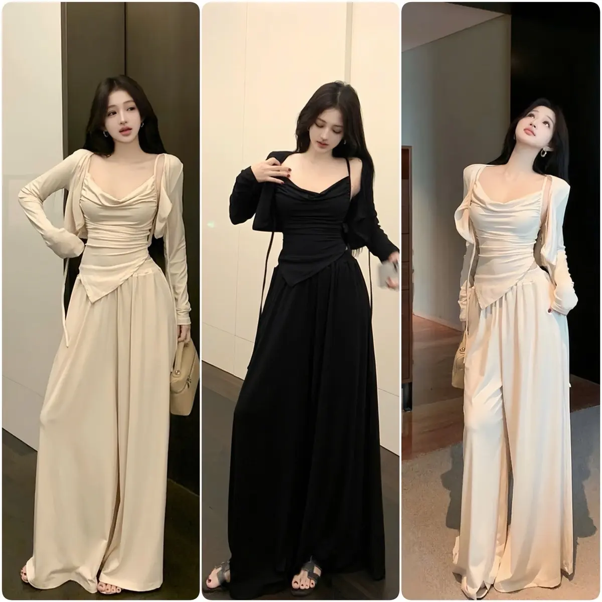 Sét Bộ 3 Món Chất Bo Tăm Gồm Áo 2 Dây Vạt Nhọn + Áo Cardigan + Quần Suông