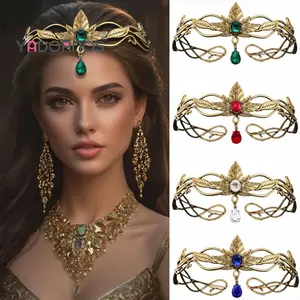 YADORNOS Hiasan Dahi Vintage Dewi Yunani Perak Kristal Air + Aksesori Rambut Pernikahan Paduan Logam Berlian Warna-Warni - Penutup Rambut Daun Elegan Kristal