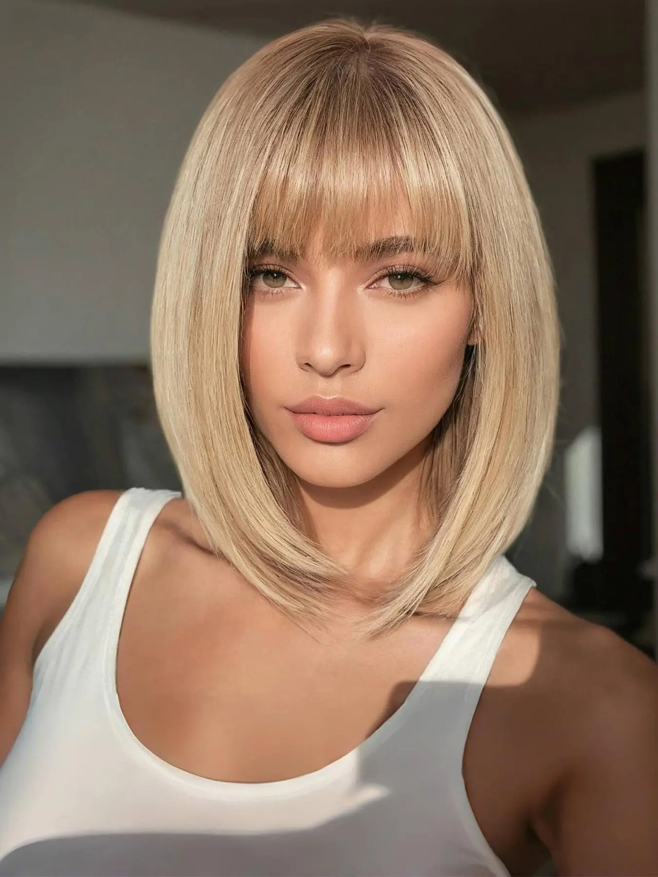 Bob Blonde Short Straight Wigs for Women, Gorgeous Fluffy Wigs with Bangs, Synthetic Full Machine Wigs for Party, Daily Use
