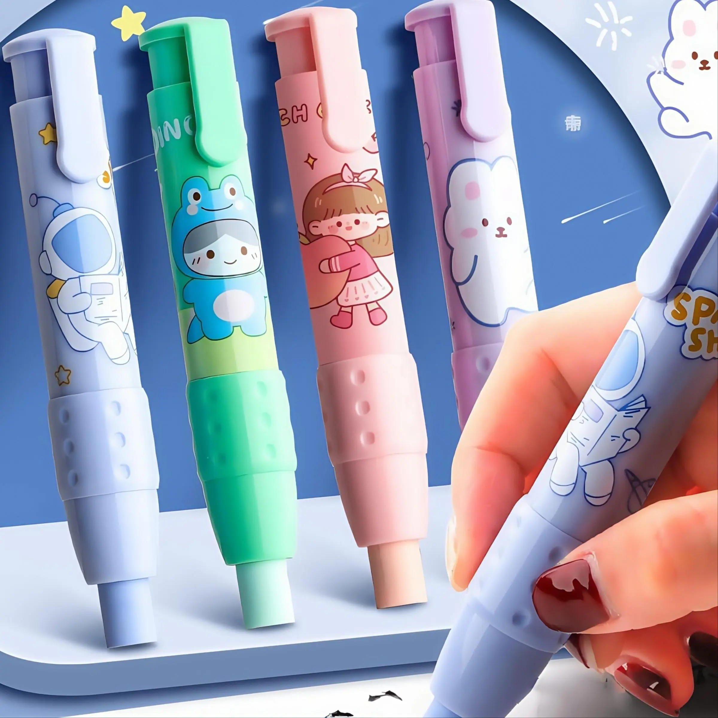 Cartoon Pattern Eraser, 1 Set Cute Push-button Eraser, Writing Eraser for Students, Stationery Supplies for Home School Office