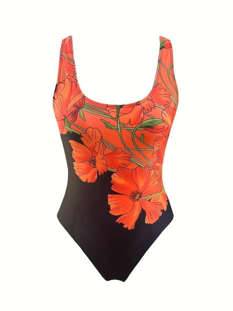 Product Introduction of Women's Floral Print One-Piece Swimsuit, High Stretch Casual Comfy U Neck Sleeveless Swimwear for Beach Holiday Vacation, Ladies Swimsuit for All Seasons 5
