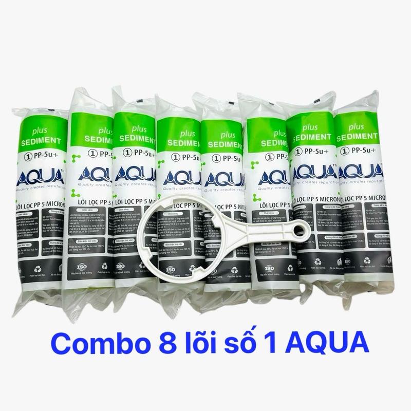 Lõi lọc nước AQUA - combo 8 Lõi lọc số 1 lắp cho vị trí số 1 của máy lọc nước RO có cốc lọc 10inch Tặng kèm tay công tháo cốc lọc 1,2,3