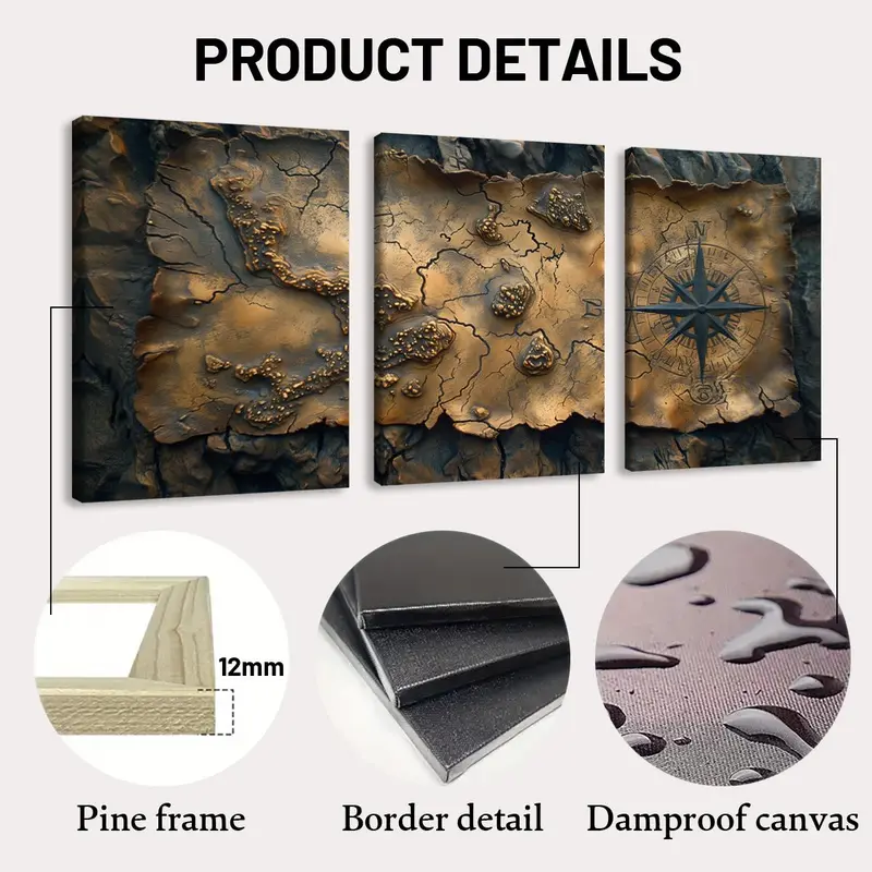 Game Map Pattern Canvas Painting with Frame, 3 Counts/set Retro Map Wall Decoration, Modern Art Wall Art for Home Living Room Bedroom Office 3