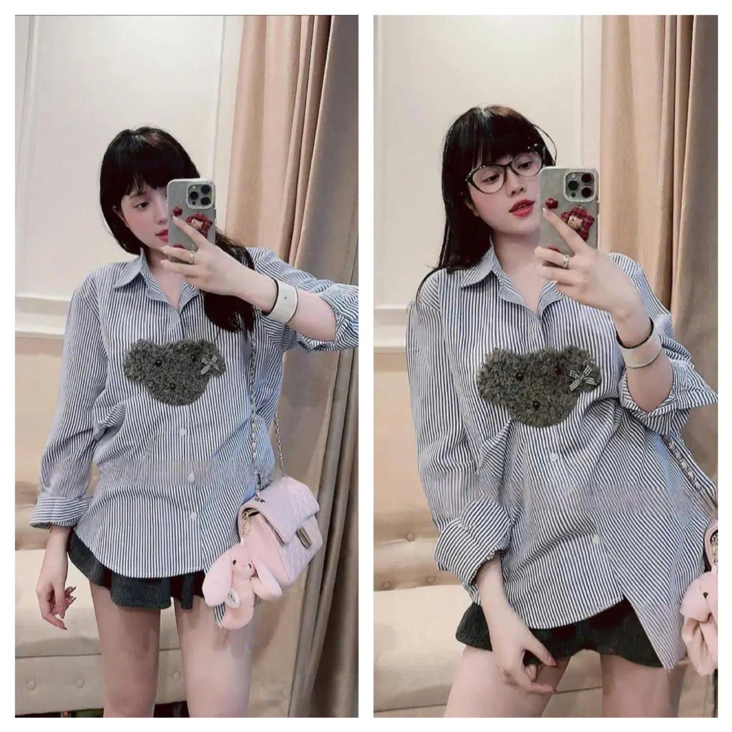 Áo sơ mi kẻ sọc tay dài nữ sang chảnh họa tiết thêu gấu trẻ trung cá tính Top Women
