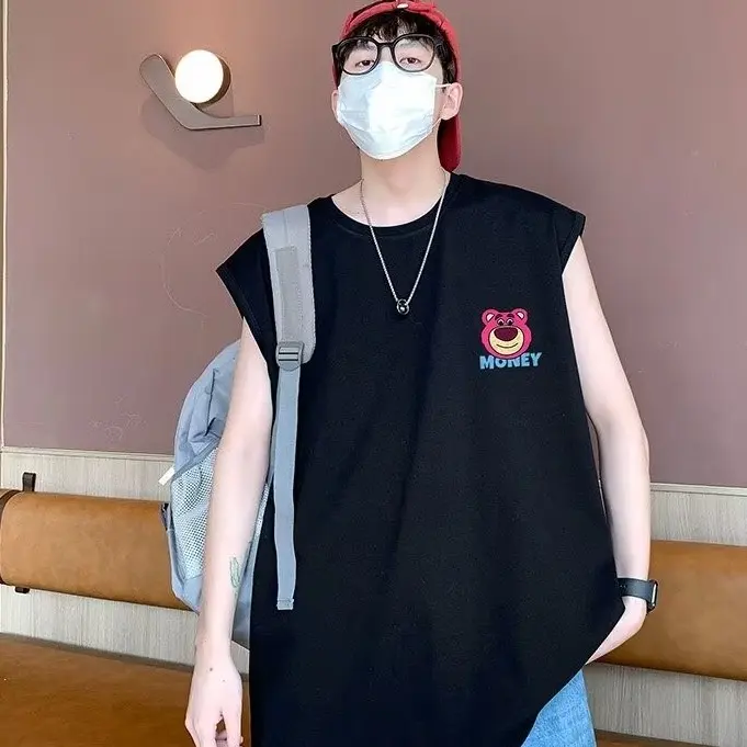 Cartoon Print Crew Neck TShirt Men'S Hong Kong Style Loose Sleeveless TShirt