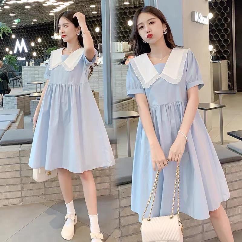 Váy bầu babydoll thiết kế tiểu thư màu xanh nhạt