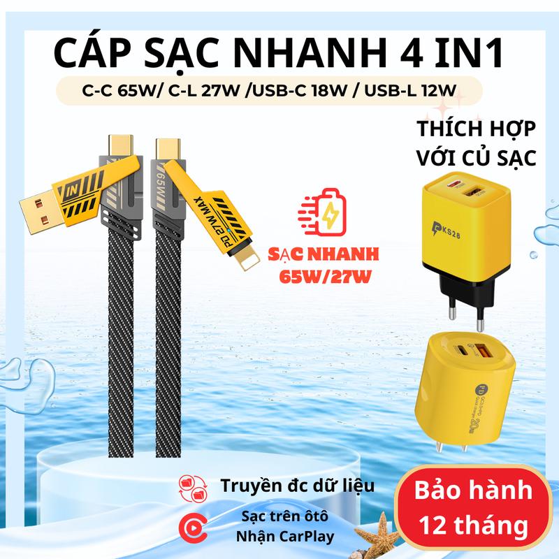Cáp Sạc Nhanh 4 in 1 Đa năng - Sạc siêu nhanh 65W/27W cho điện thoại chân TYPE C và L, truyền tải dữ liệụ ,dây sạc bọc dù chống gãy gập,chống rối 4 đầu dài 1M/2M siêu bền -Phụ kiện sạc Bảo hành 12 tháng