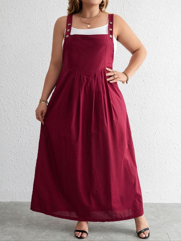 Women's Plus Size Plain Buttons Plicated Pocket Pinafore Dress without Camisole, Summer Clothes Women, Casual Square Neck Sleeveless Long Dress for Summer, Ladies Plus Clothing, Dresses Summer 4