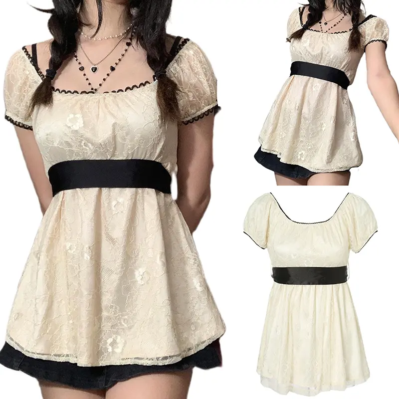 FDWomen Patchwork Short Sleeve A-line Shirt Vintage Girl Lace Holiday Streetwear