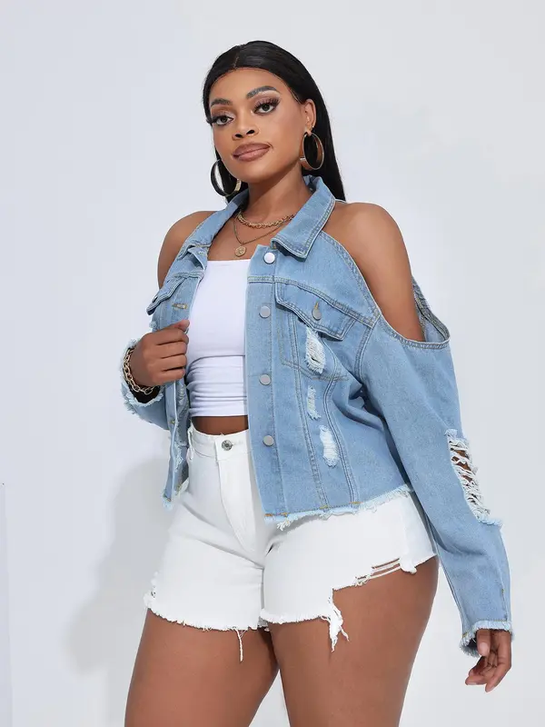 【Plus Size】 Distressed Button Fly Denim Jacket, Fashion Casual Collared Outerwear for Daily Outdoor Wear, Women Plus Clothing for Summer 0