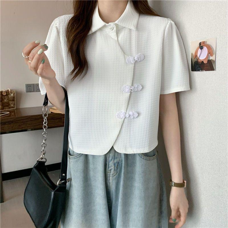 Product Introduction of Cheongsam Button Polo Collar Short-Sleeved Shirt Women's Summer 2025 New Design Sense Niche High-Grade Short Shirt Fashion Top Womenswear Blouse Lingerie Casual Comfort Basic Collared Minimalist 13