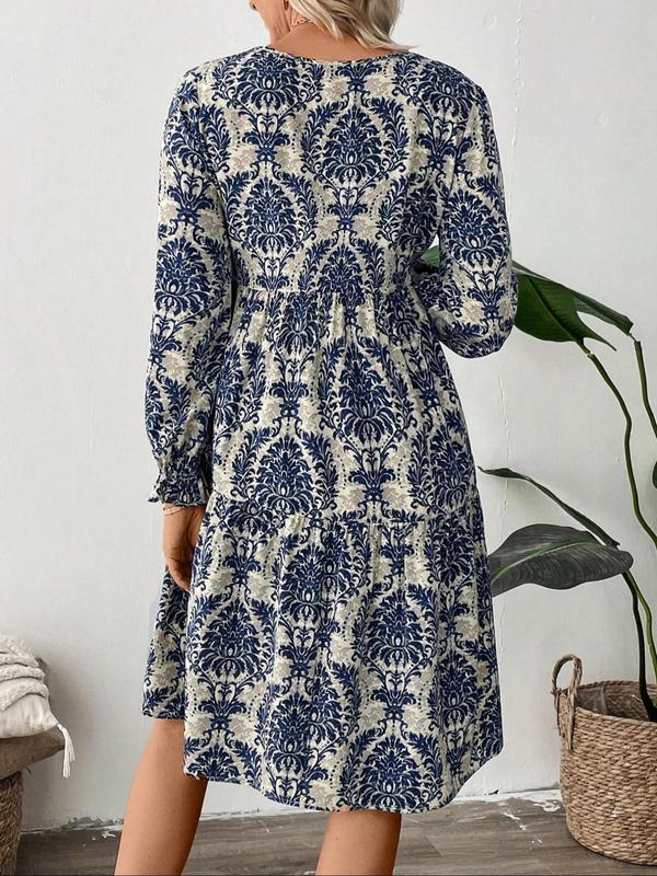 Women's All Over Floral Print Plicated Flounce Sleeve Dress, Casual Long Sleeve Round Neck Short Dress for Daily Wear, Ladies Clothes for All Seasons, Womenswear 4